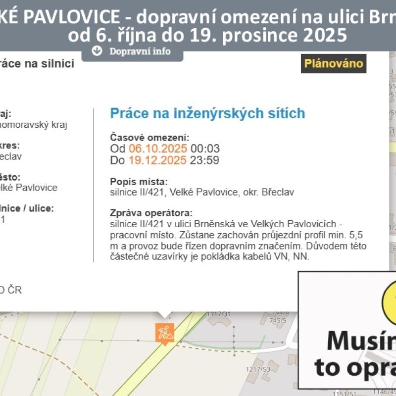 Oznámení o omezení dopravy na ulici Brněnská od 6. října do 19. prosince 2025