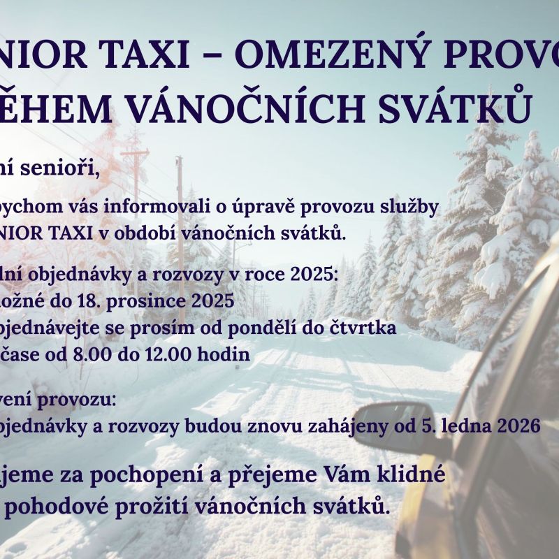 SENIORTAXI – OMEZENÝ PROVOZ BĚHEM VÁNOČNÍCH SVÁTKŮ