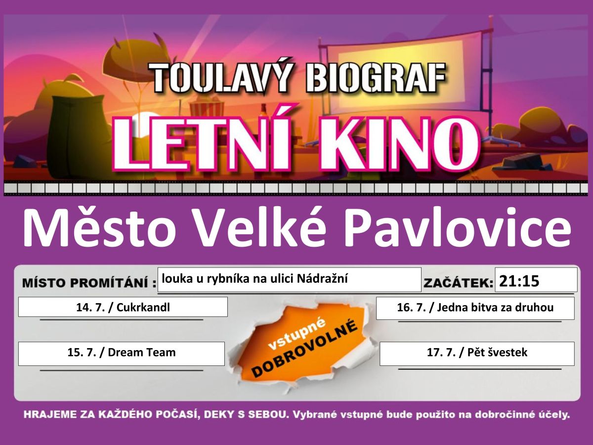 LETNÍ KINO na louce u rybníka. Zapište 14. až 17. července 2026