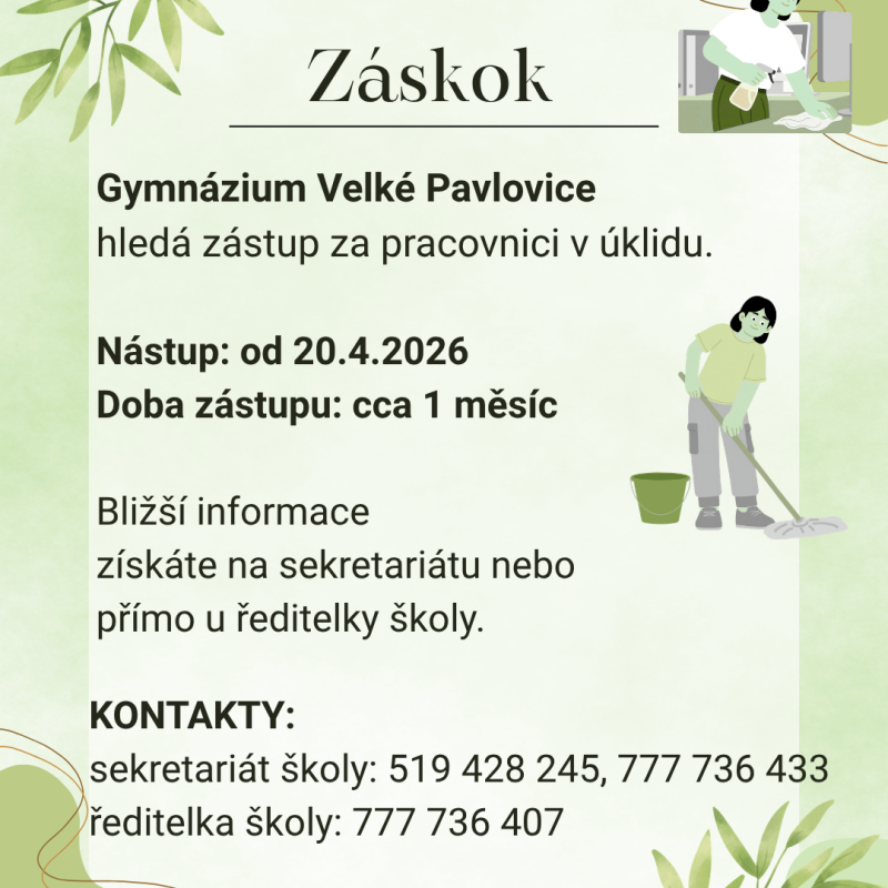 Gymnázium Velké Pavlovice hledá zástup za pracovnici v úklidu