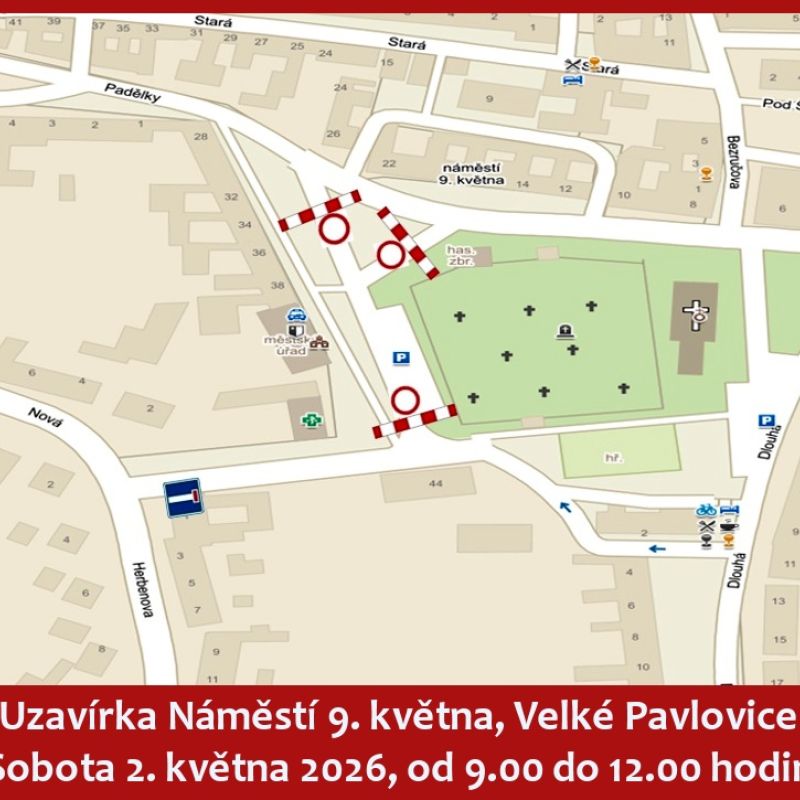 Upozornění na uzavírku Náměstí 9. května v sobotu 2. května 2026